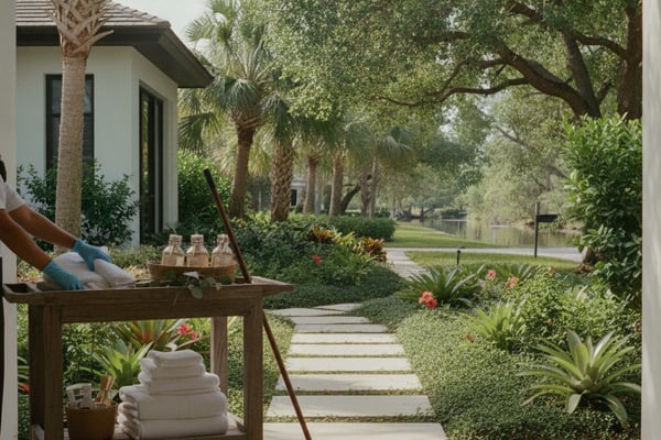 Modern white house with wooden cart holding towels on patio, stone pathway through lush tropical garden with palm trees and mature oaks