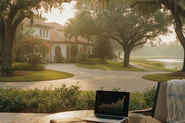 Patio table with laptop and coffee overlooking Spanish-style house, oak trees, and waterfront property