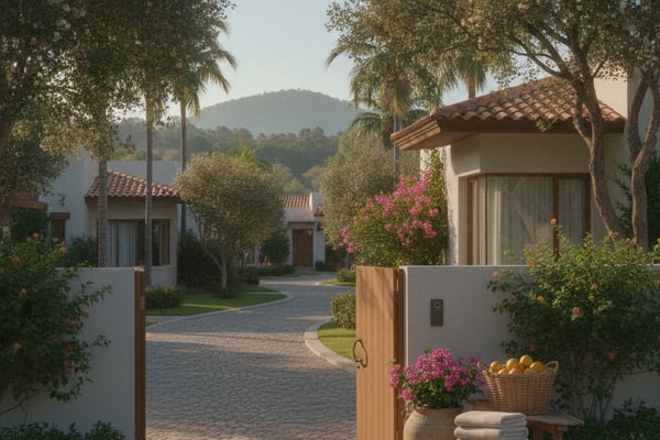 Mediterranean-style villa compound with white stucco buildings, terracotta roofs, palm trees, and flowering bougainvillea lining a stone courtyard.